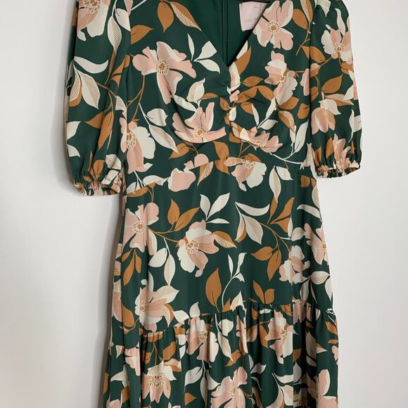 Gal Meets Glam Womens Tiered Midi Dress Tegan Floral Ruched Puff Sleeve Green 4P - Picture 11 of 16